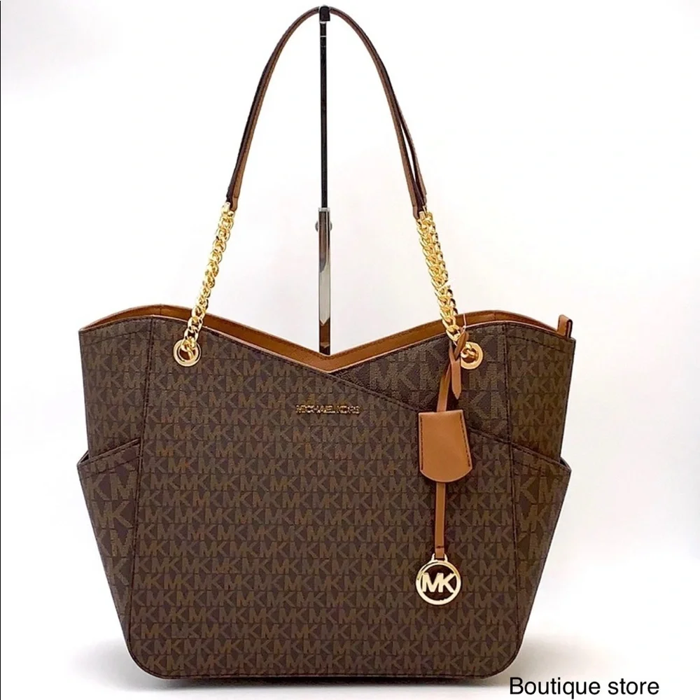 MICHAEL KORS LARGE X CHAIN LOGO SHOULDER BAG BROWN - Picture 2 of 16